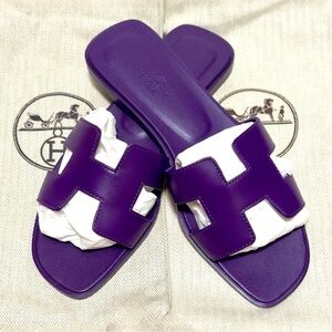 Hermès Oran H Sandal Violet Marjorette Epsom Leather Slip on Sandal Size 8 NEW